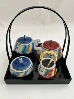 Vintage Japanese Mino Ware Condiment Set W/Tray Soy Sauce & Spice Jars Ceramic